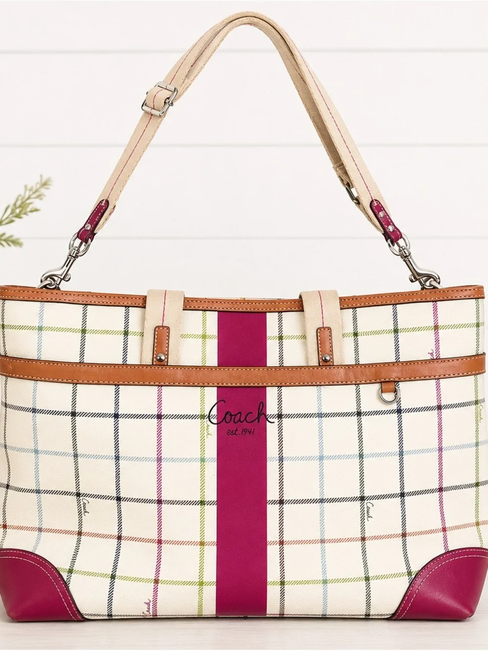 Coach Heritage Tattersall Cream Plaid Tote with Magenta Center Stripe
